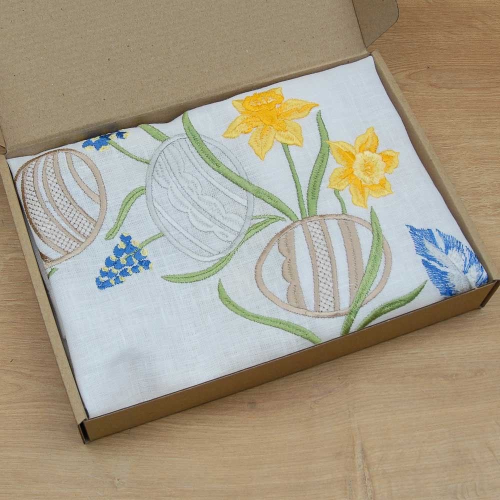 Easter Wreath Tablecloth 64x64 cm White Linen Ukrainian Embroidery