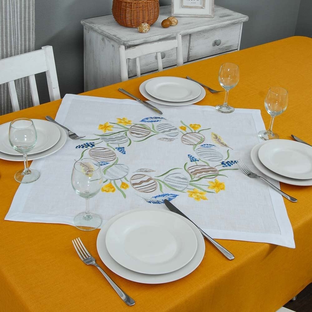 Easter Wreath Tablecloth 64x64 cm White Linen Ukrainian Embroidery