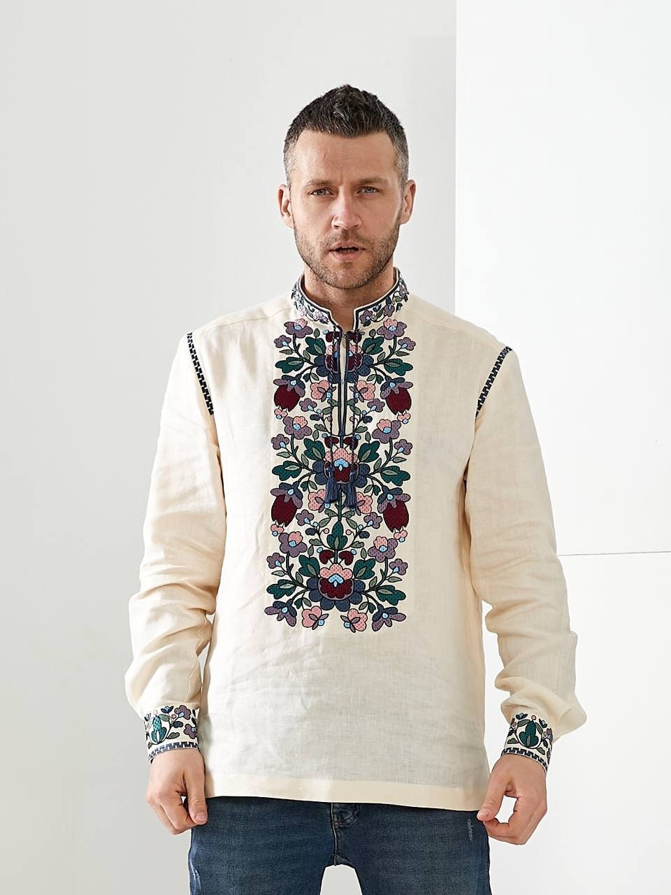 Milk-Colored Linen Vyshyvanka for Men - Embroidered Ukrainian Shirt