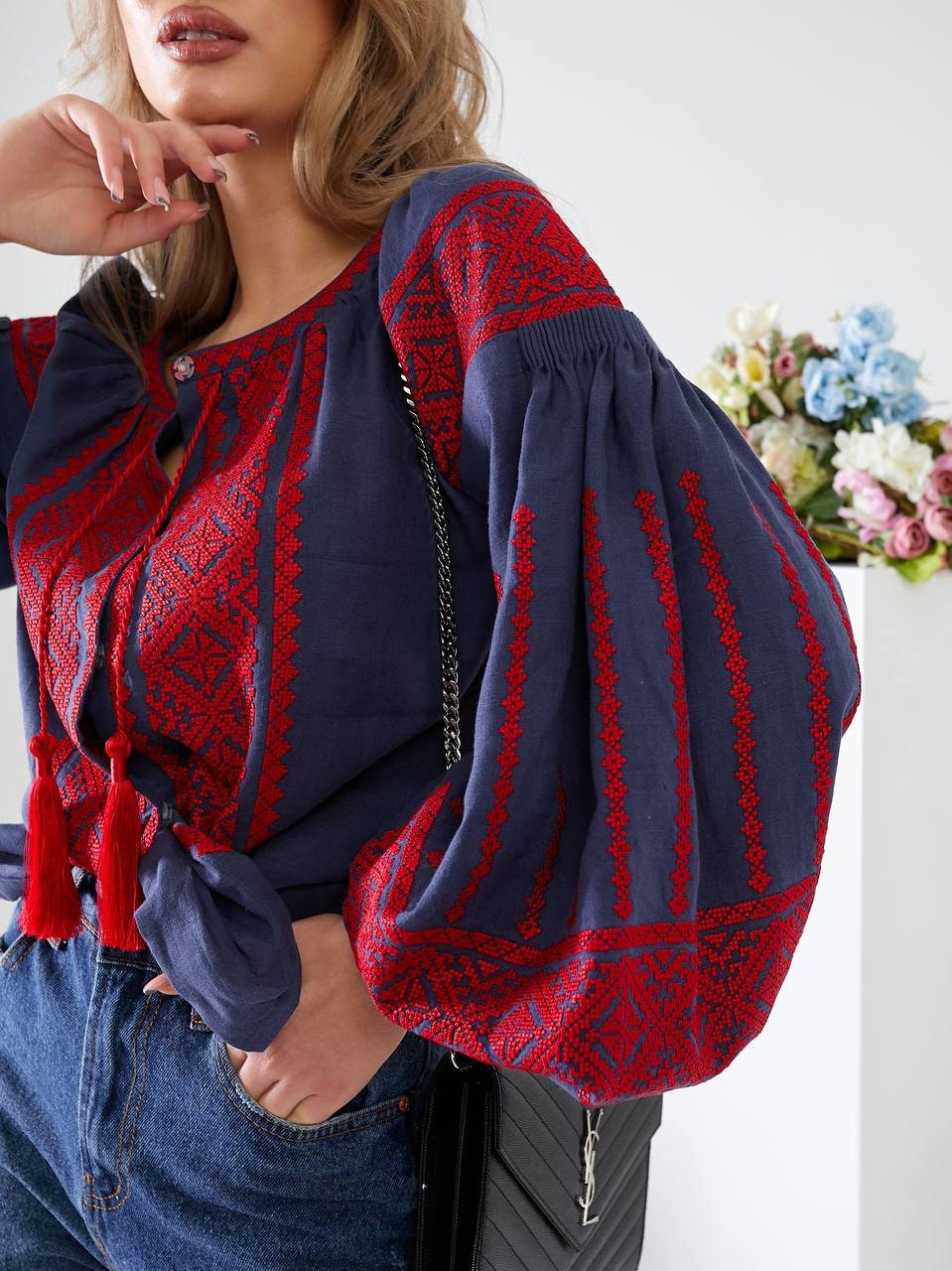 Blue Ukrainian Vyshyvanka Blouse | Red Embroidered Bohemian Ethnic Shirt