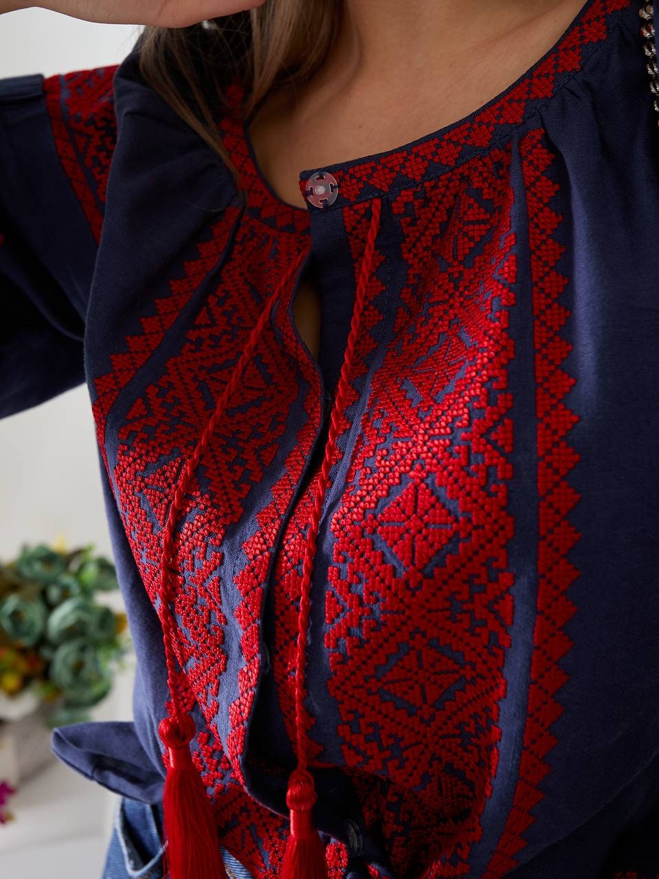 Blue Ukrainian Vyshyvanka Blouse | Red Embroidered Bohemian Ethnic Shirt