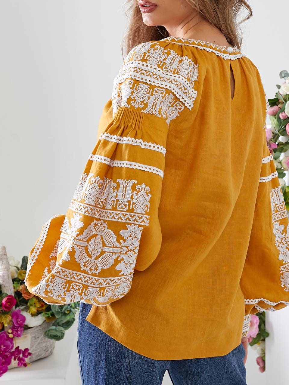 Yellow Ukrainian Vyshyvanka Blouse – White Embroidery Bohemian Ethnic Shirt