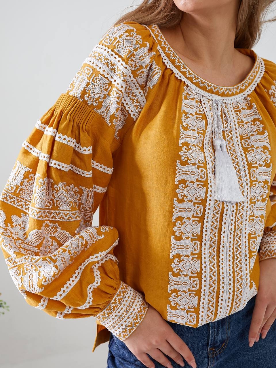 Yellow Ukrainian Vyshyvanka Blouse – White Embroidery Bohemian Ethnic Shirt