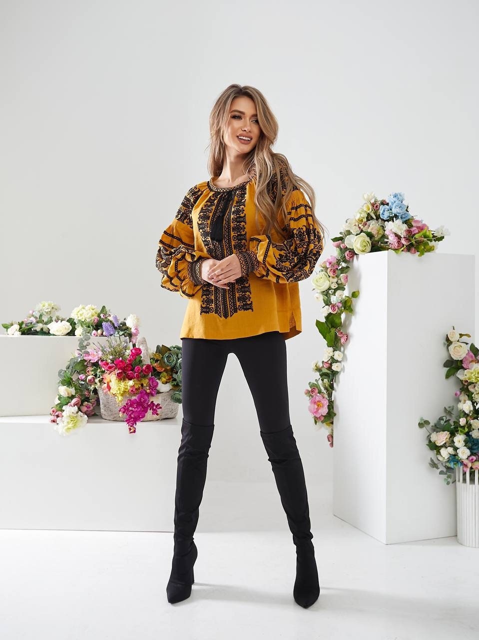 Yellow Ukrainian Vyshyvanka Blouse with Black Embroidery - Bohemian Ethnic Shirt