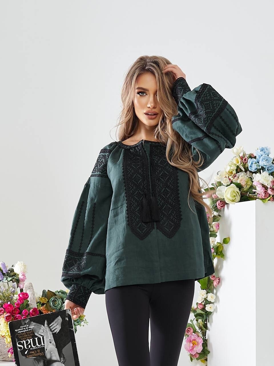 Green Ukrainian Vyshyvanka Blouse with Black Embroidery Bohemian Ethnic Shirt
