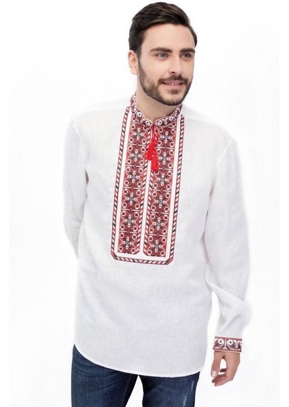 2025 White Linen Vyshyvanka Shirt for Men with Red Embroidery