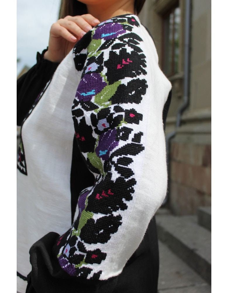 "Borshchivska White Ukrainian Hand Embroidered Vyshyvanka Blouse - Ethnic Floral Design"