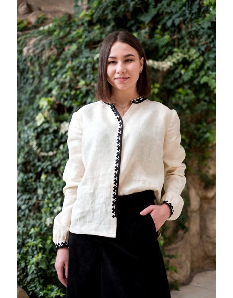 Classic Beige Ukrainian Vyshyvanka Blouse - Embroidered Women's Ethnic Spring Top