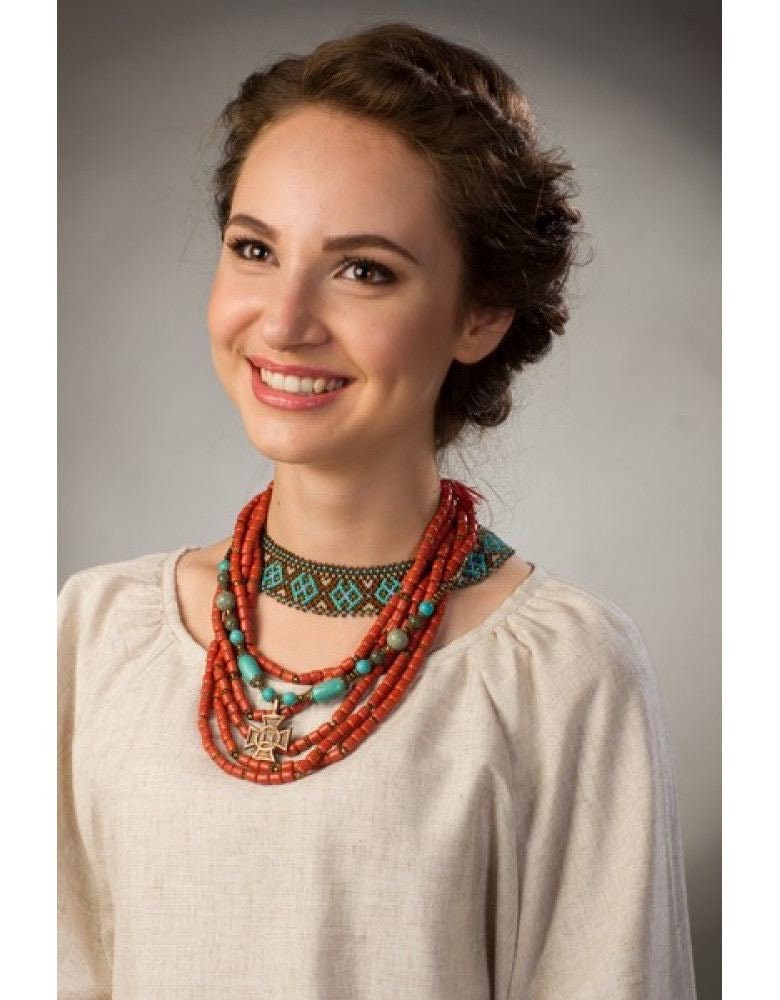 Ukrainian SYLYANKA Turquoise Beads Ceramic Necklace – Handmade Ethnic Jewelry for Girls