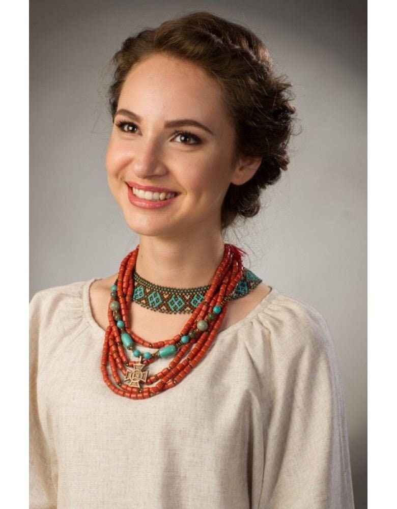 Ukrainian SYLYANKA Turquoise Beads Ceramic Necklace – Handmade Ethnic Jewelry for Girls