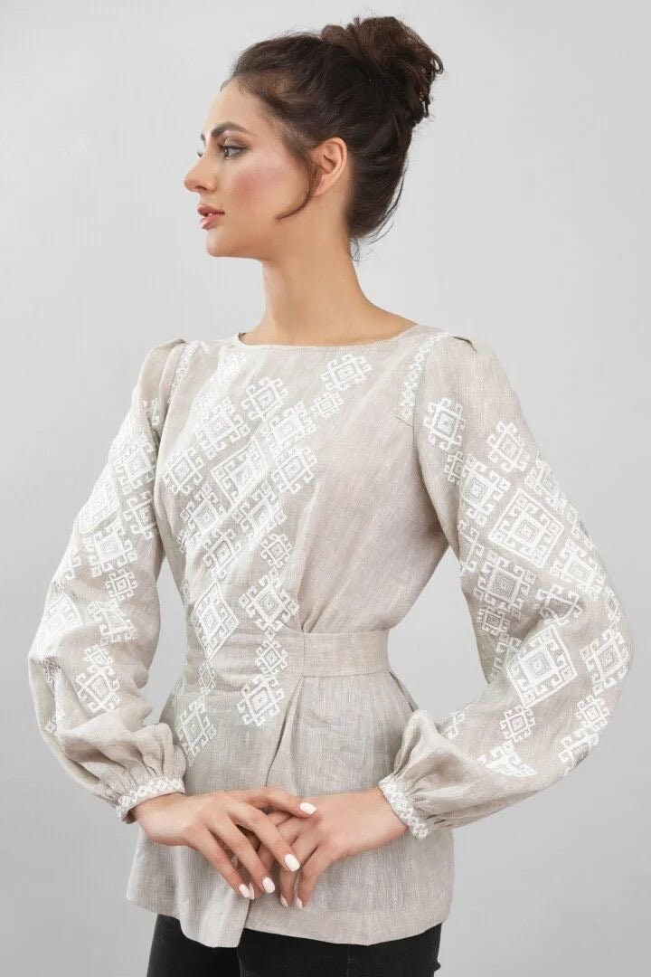 Beige Ukrainian Embroidered Vyshyvanka Blouse - Bohemian Chic Peasant Shirt