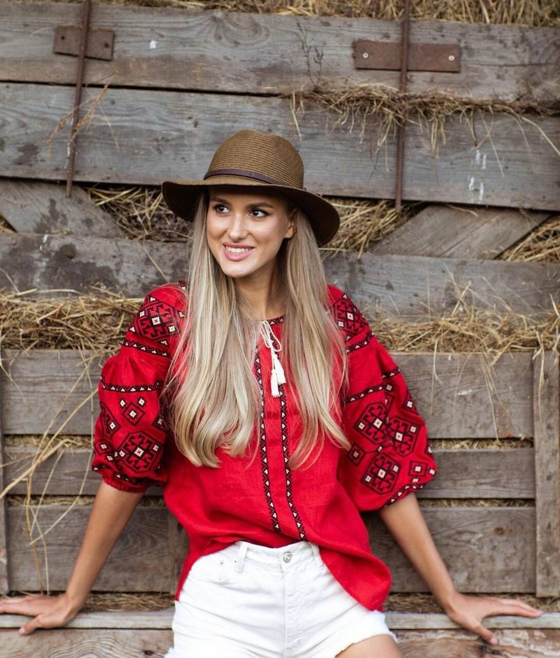 Red Embroidered Linen Vyshyvanka Blouse for Women - Spring Style