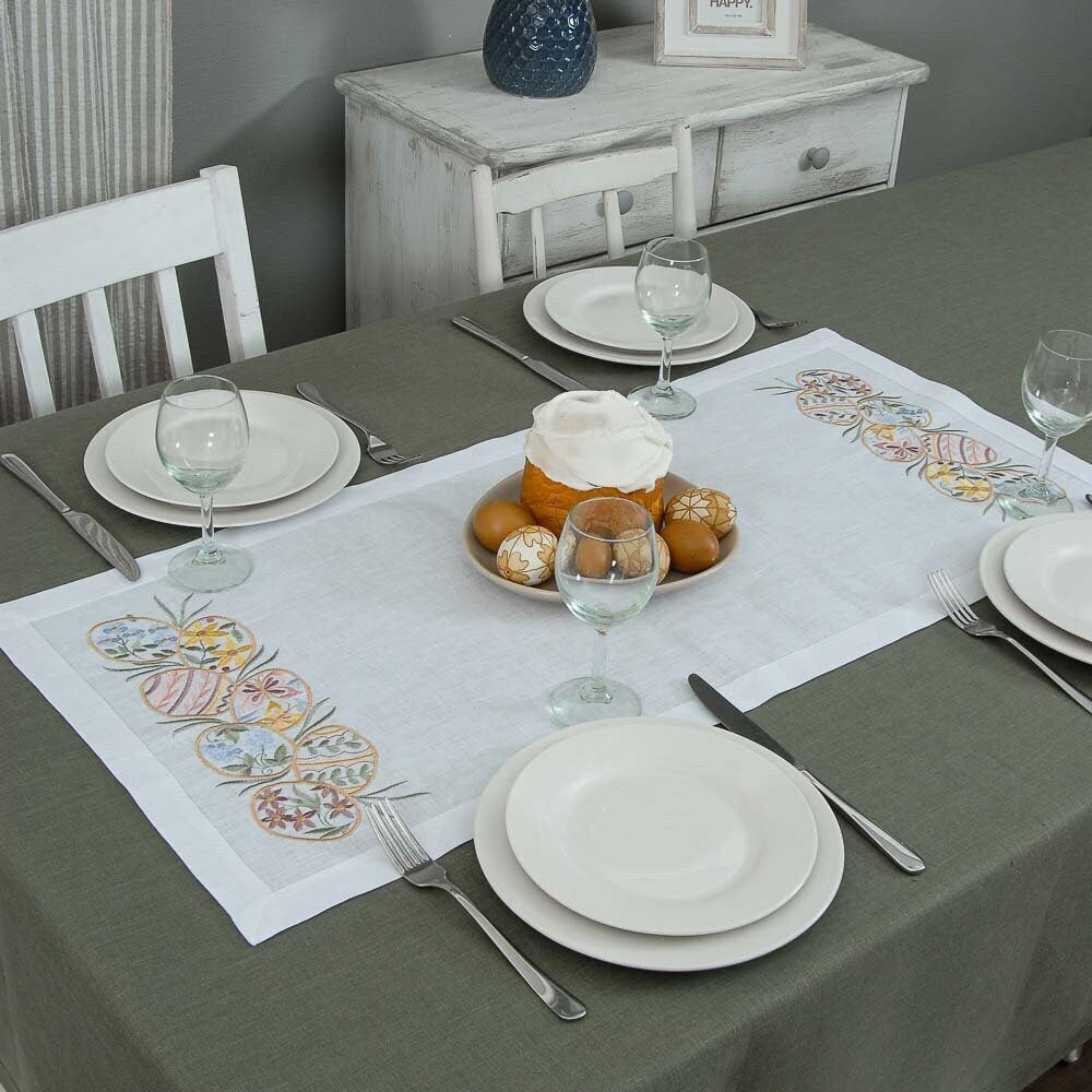 "Easter Mood White Linen Tabletop 88*40 CM - Ukrainian Pysanka Embroidery"