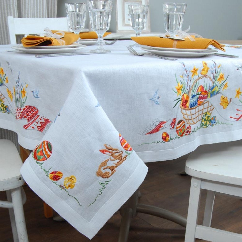 Embroidered Ukrainian Linen Tablecloth 140x140 CM for Easter