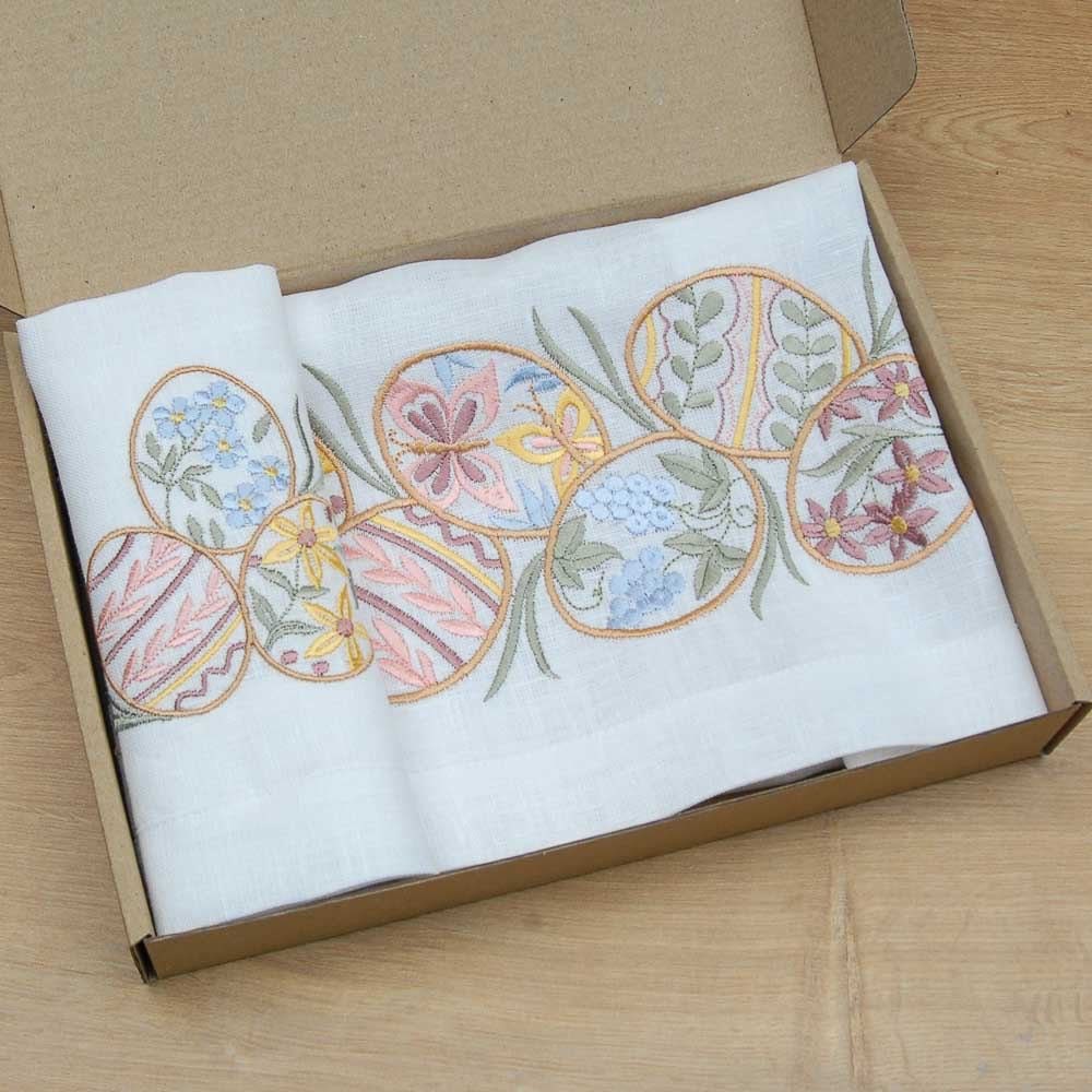 White Linen Tabletop 88x40cm with 4 Napkins - "Easter Mood" Ukrainian Embroidery
