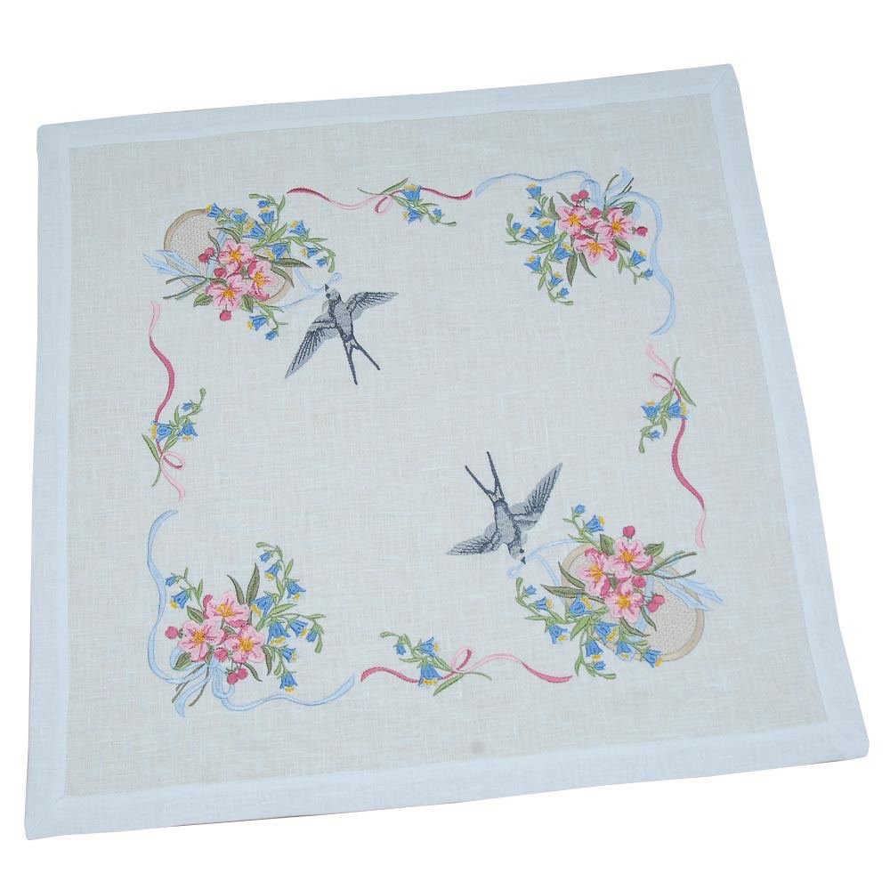 "Swallow Tablecloth 65x65 cm White Linen Ukrainian Embroidery"
