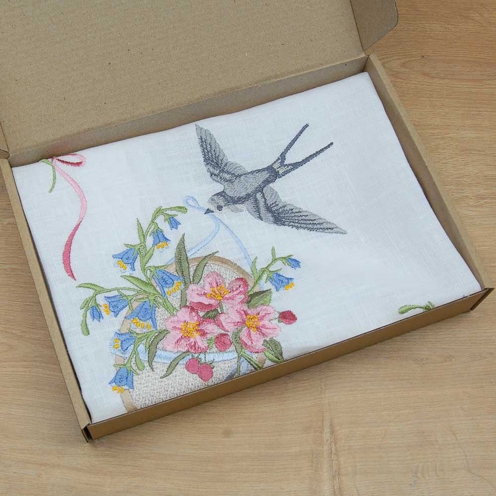 "Swallow Tablecloth 65x65 cm White Linen Ukrainian Embroidery"