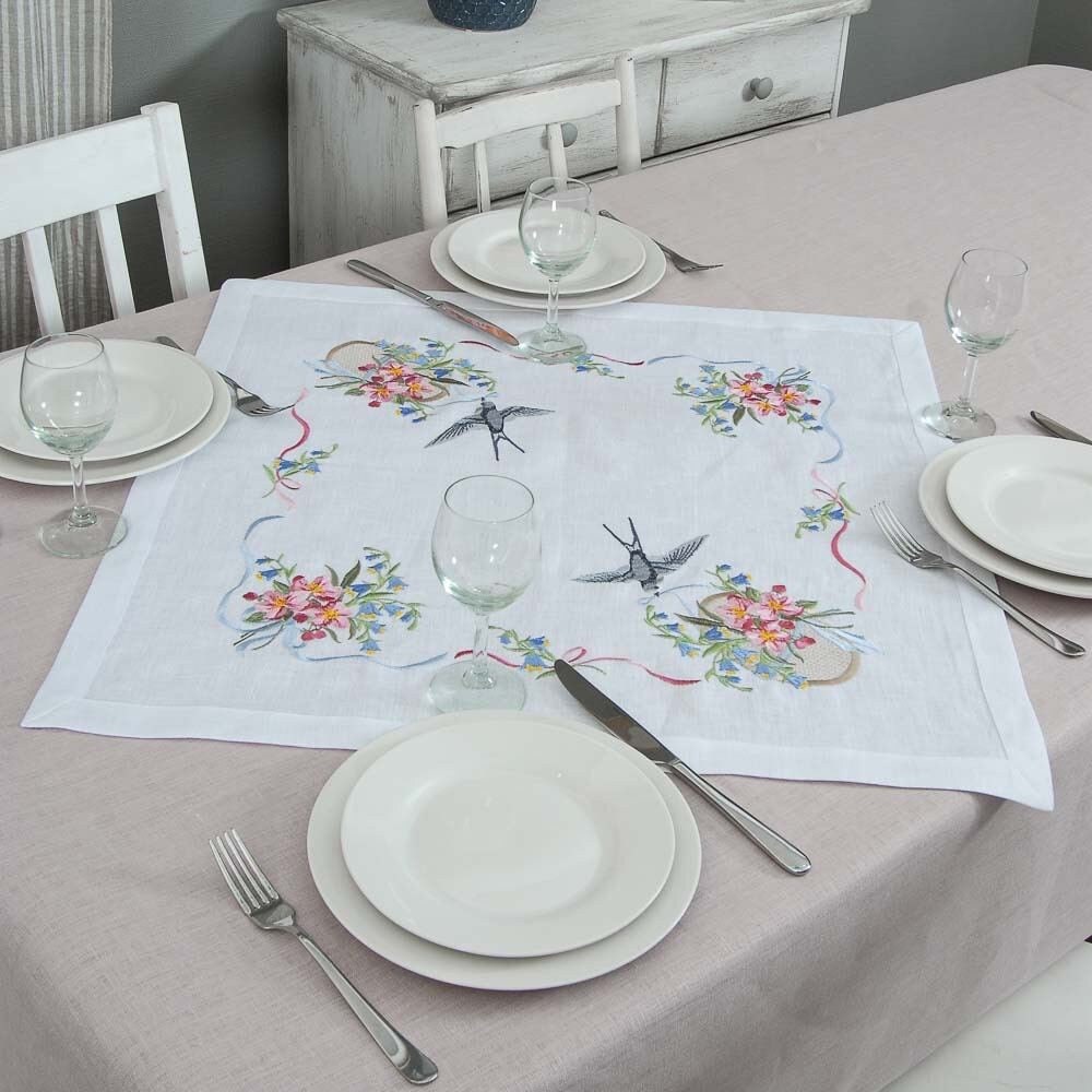 "Swallow Tablecloth 65x65 cm White Linen Ukrainian Embroidery"