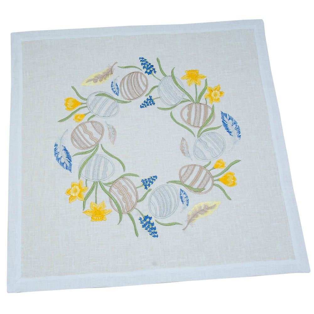 Easter Wreath Tablecloth 64x64 cm White Linen Ukrainian Embroidery