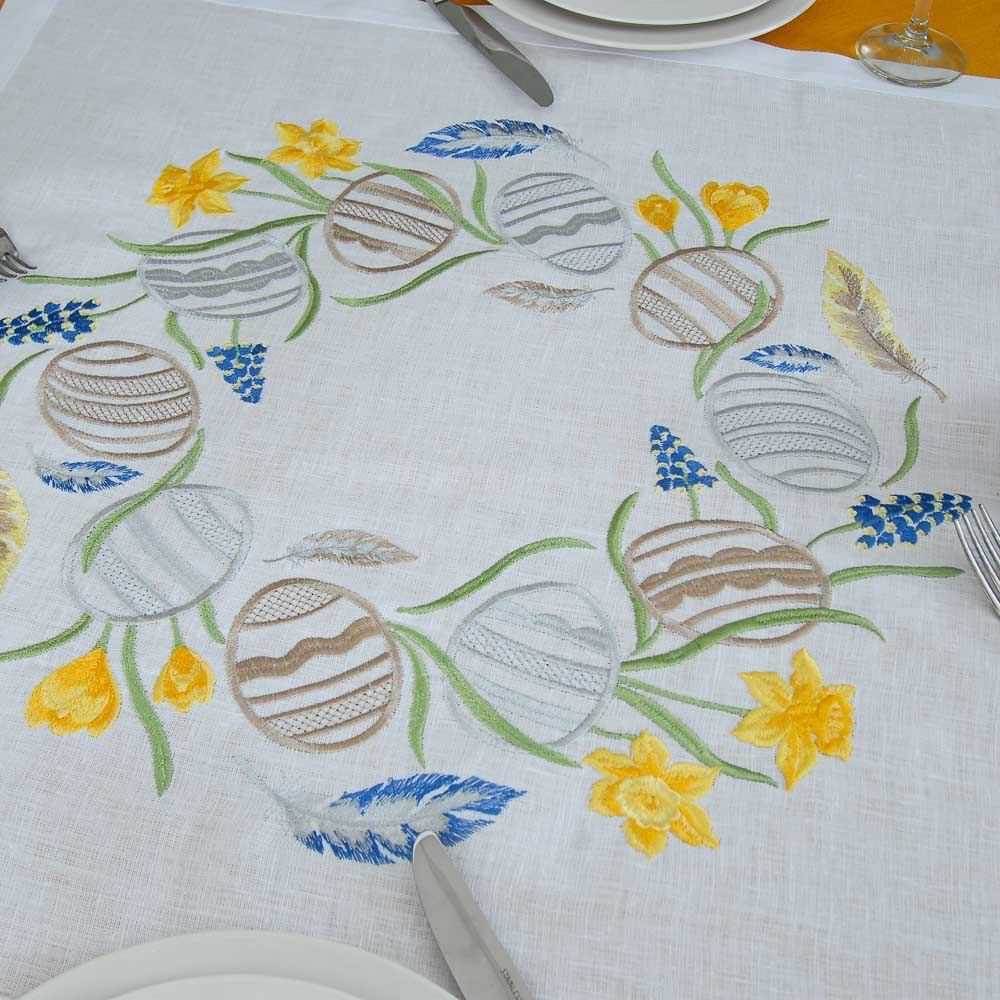Easter Wreath Tablecloth 64x64 cm White Linen Ukrainian Embroidery