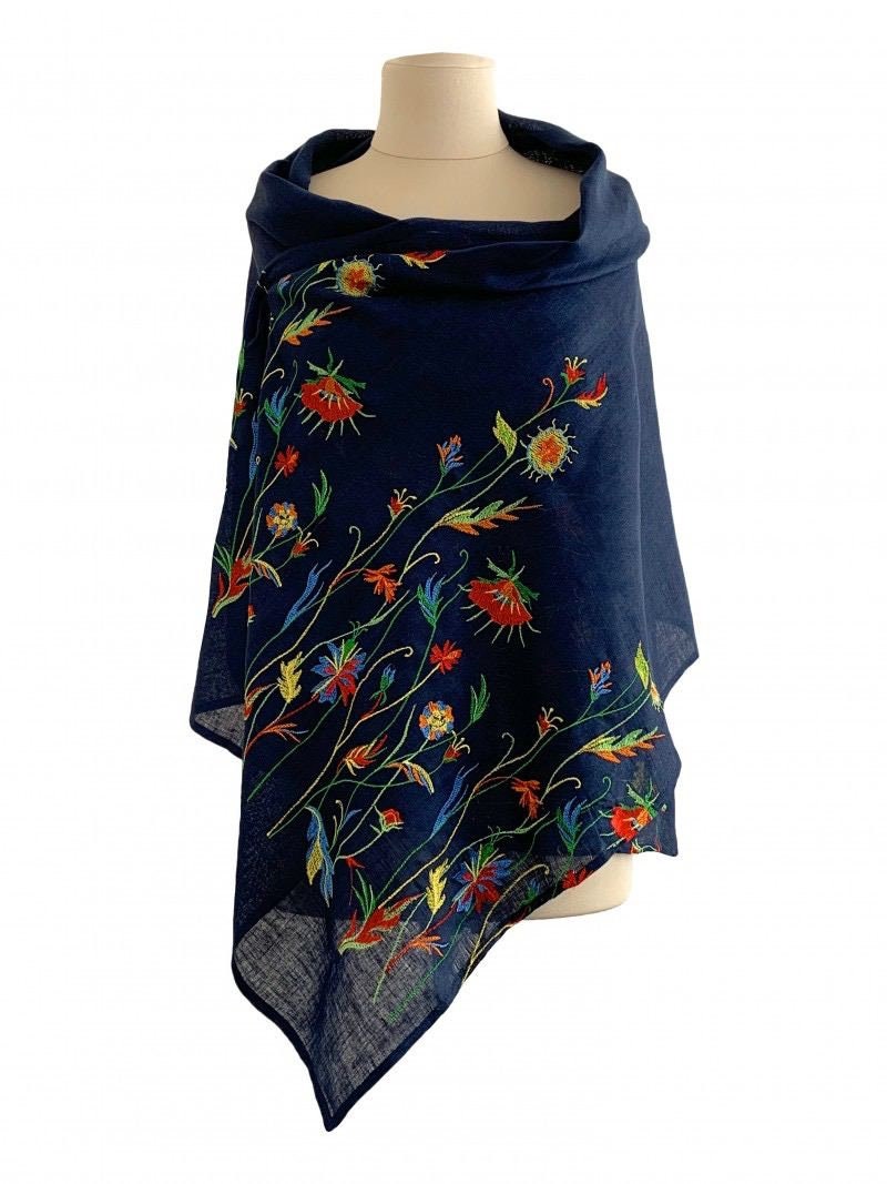 Blue shawl Traditional Ukrainian Embroidered Boho Chic Shawl Floral Scarf