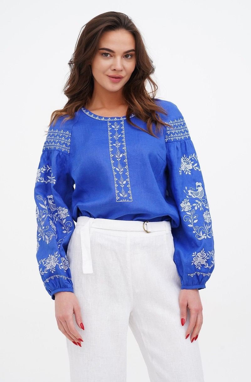 Blue Linen Vyshyvanka with White Embroidery - Women's Long Sleeve Shirt 2025