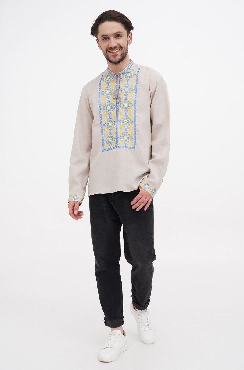 Natural Linen Vyshyvanka Shirt for Men - Traditional Ukrainian Embroidered Shirt
