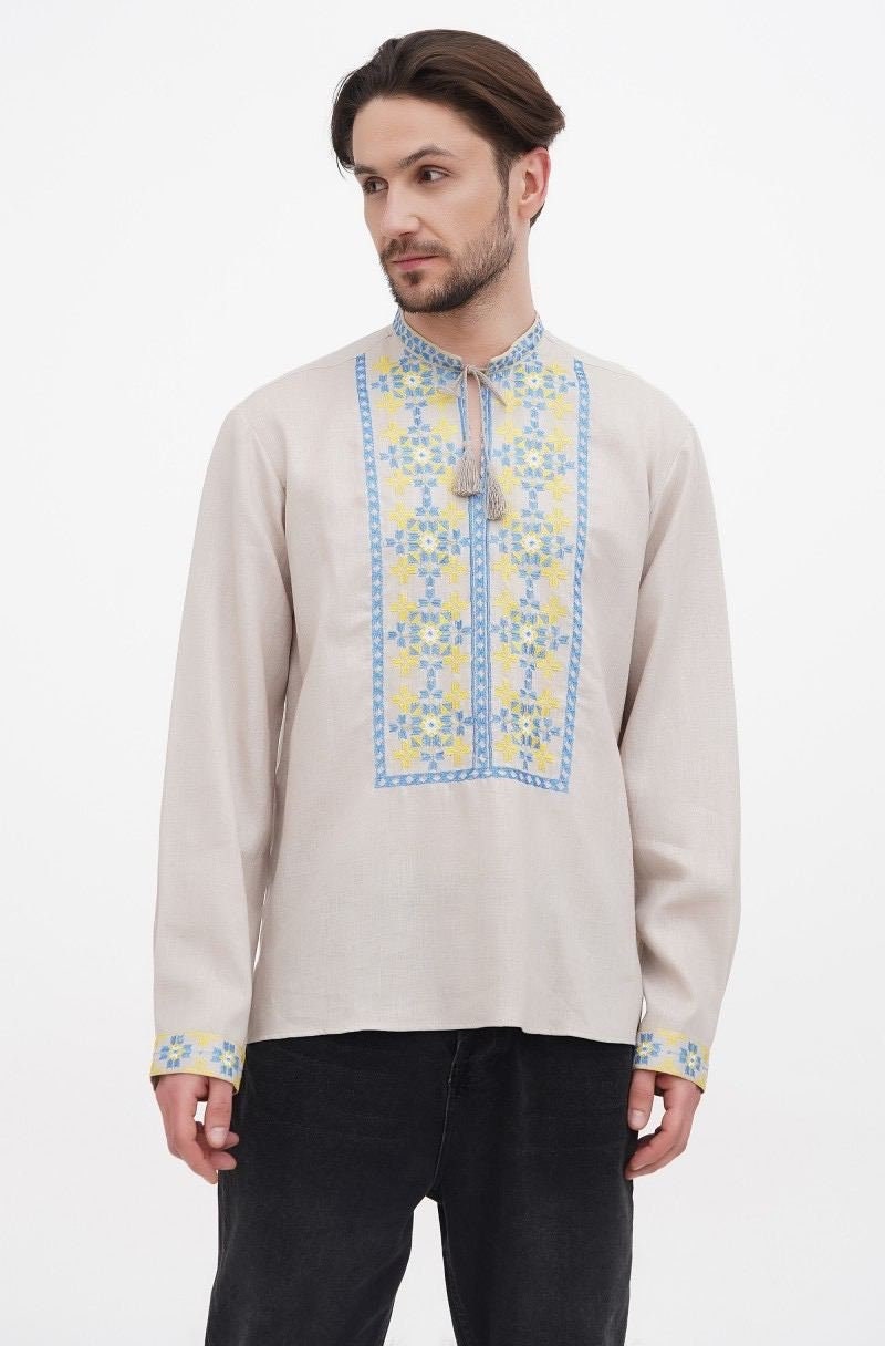 Natural Linen Vyshyvanka Shirt for Men - Traditional Ukrainian Embroidered Shirt