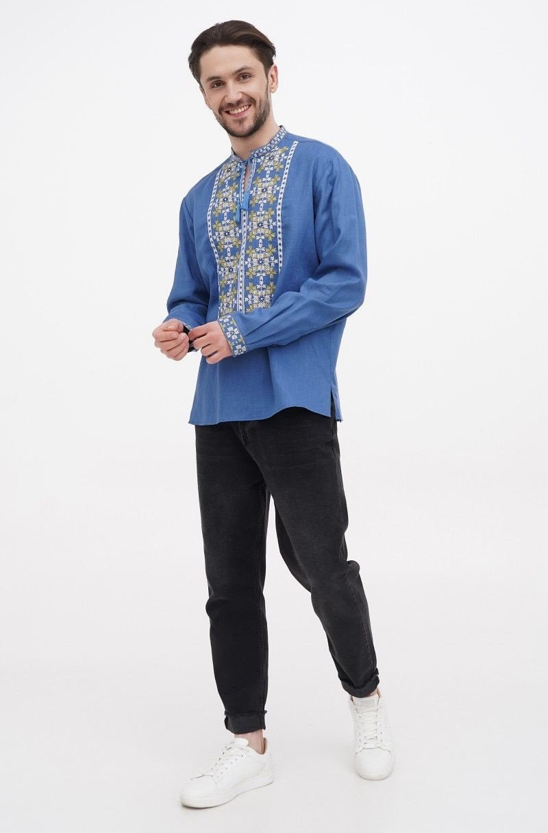 Embroidered Blue Linen Vyshyvanka for Men