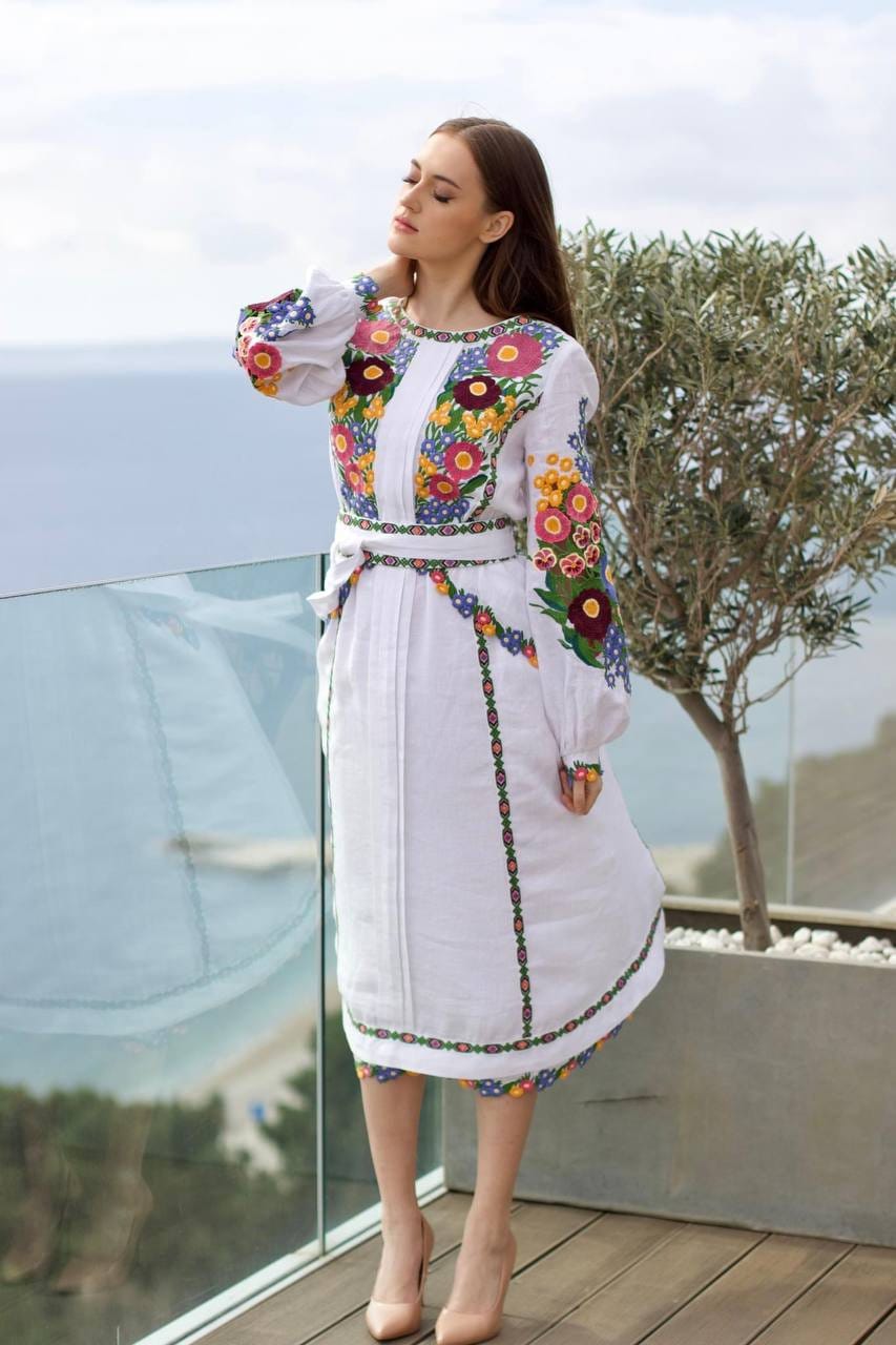 White Embroidered Boho Ukrainian Vyshyvanka Dress - Linen Wedding Dress