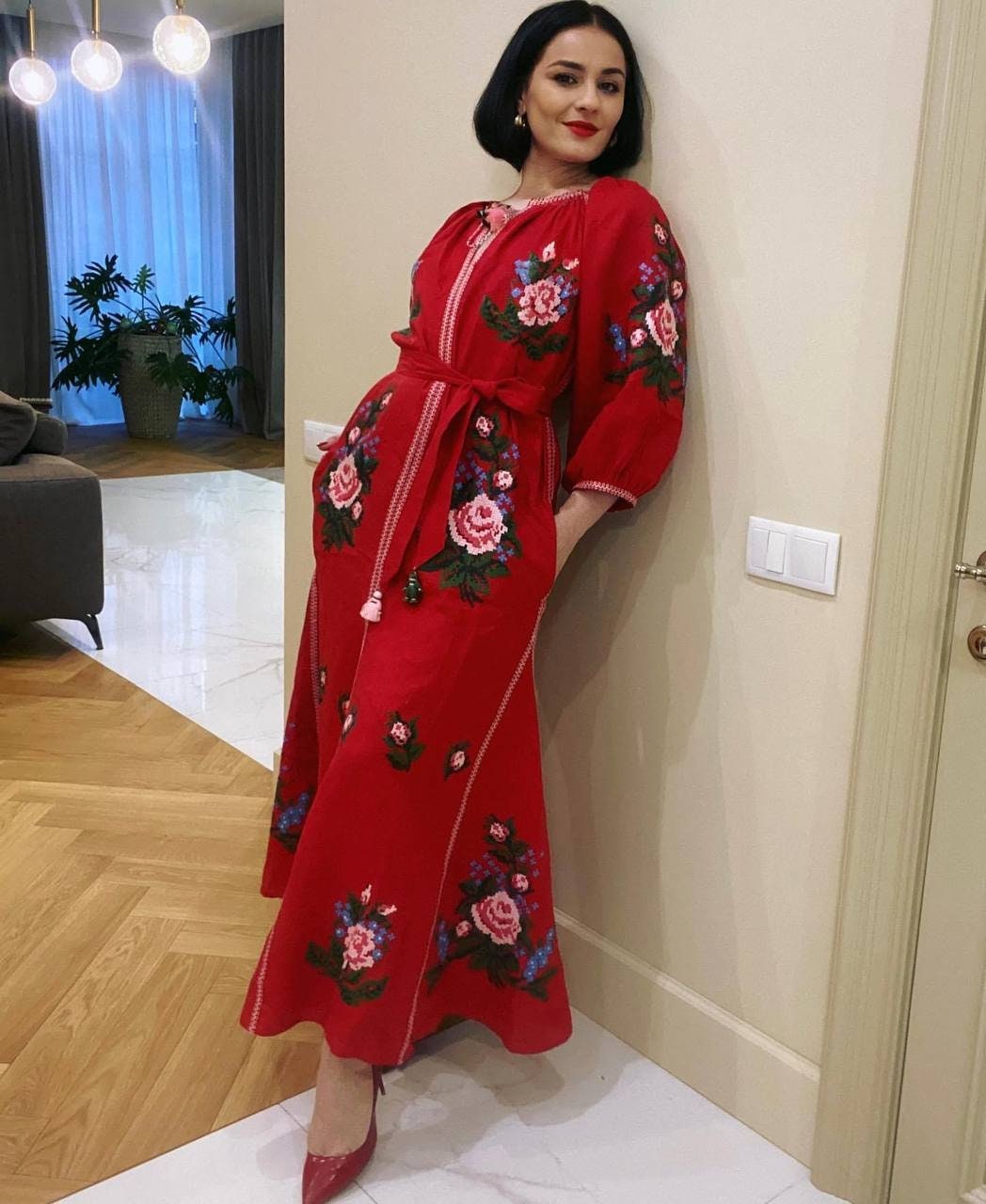 RED Ukrainian Embroidered Linen Dress – Stylish Boho Women's Clothing