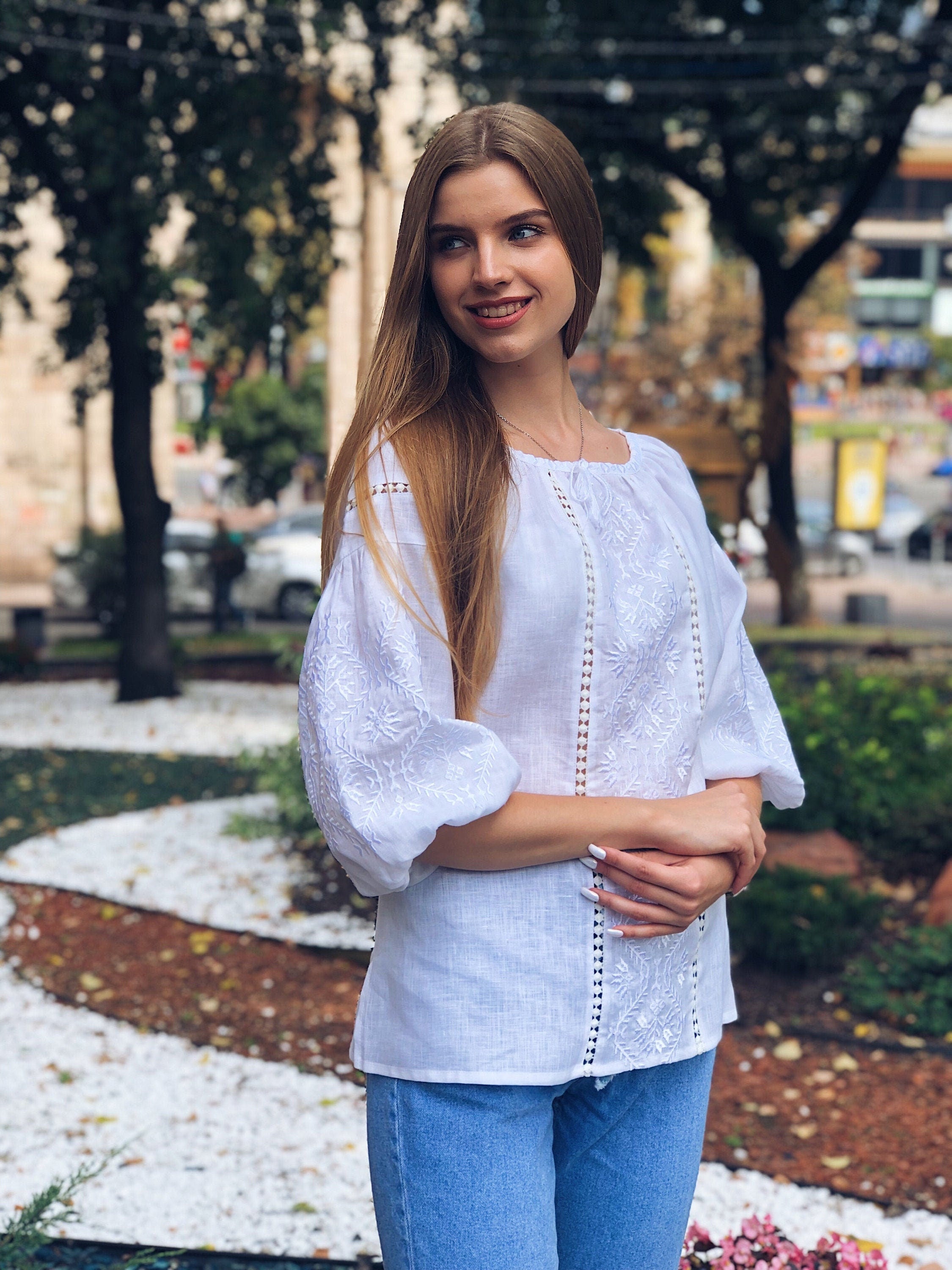 Ukrainian Vyshyvanka Blouse - White Embroidered Bohemian Ethnic Shirt