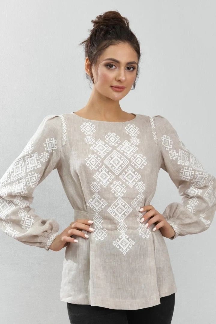 Beige Ukrainian Embroidered Vyshyvanka Blouse - Bohemian Chic Peasant Shirt