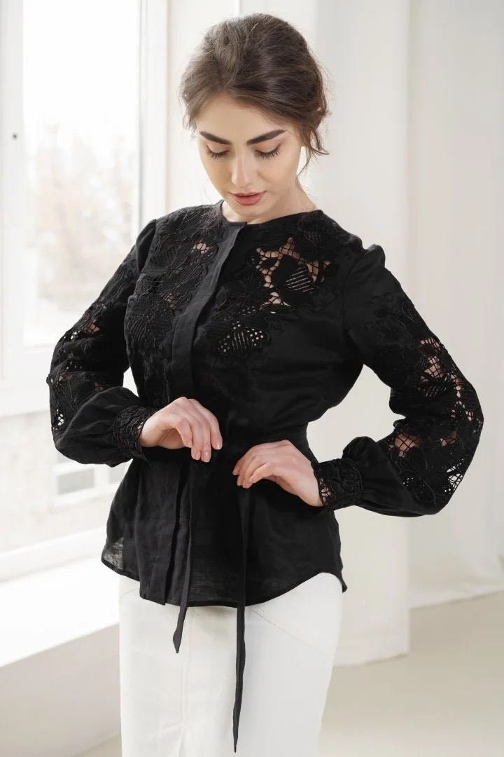 Black Ukrainian Vyshyvanka Blouse - Embroidered Bohemian Ethnic Shirt