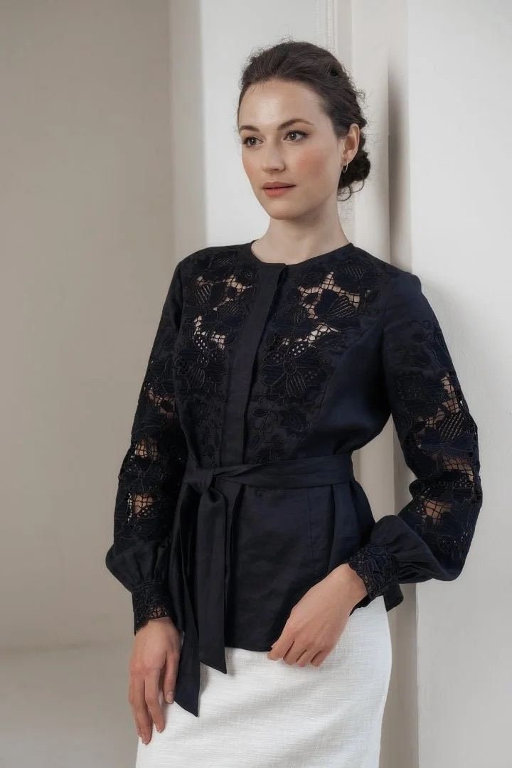 Black Ukrainian Vyshyvanka Blouse - Embroidered Bohemian Ethnic Shirt