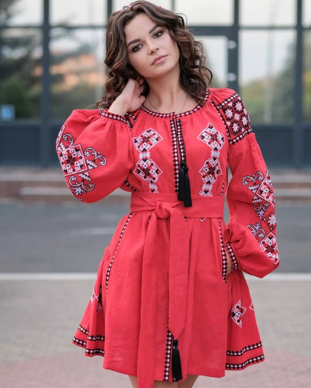 Red Linen Embroidered Ukrainian Vyshyvanka Kaftan Dress - Boho Style Vita Kin