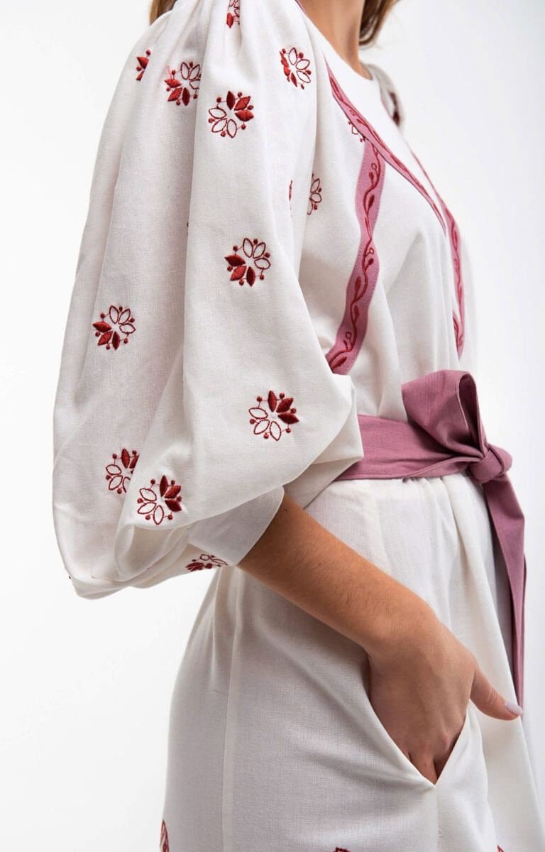 Milky Linen Embroidered Ukrainian Vyshyvanka Caftan Dress | Boho Style Easter Outfit