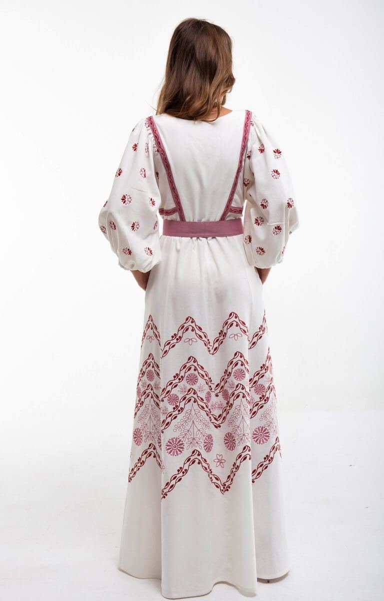 Milky Linen Embroidered Ukrainian Vyshyvanka Caftan Dress | Boho Style Easter Outfit