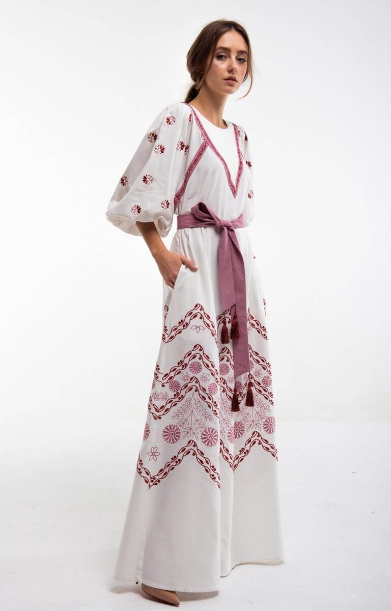 Milky Linen Embroidered Ukrainian Vyshyvanka Caftan Dress | Boho Style Easter Outfit