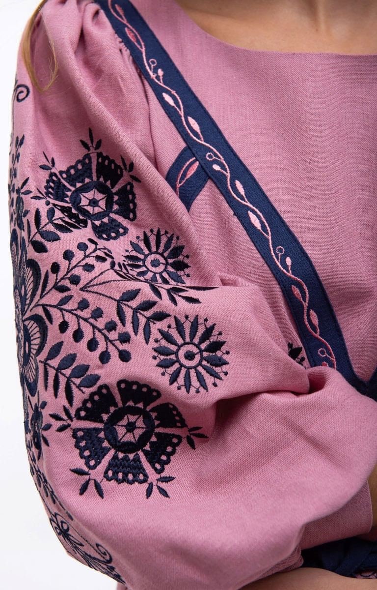 Powder Pink Linen Embroidered Ukrainian Vyshyvanka Dress - Ethnic Boho Caftan for Women