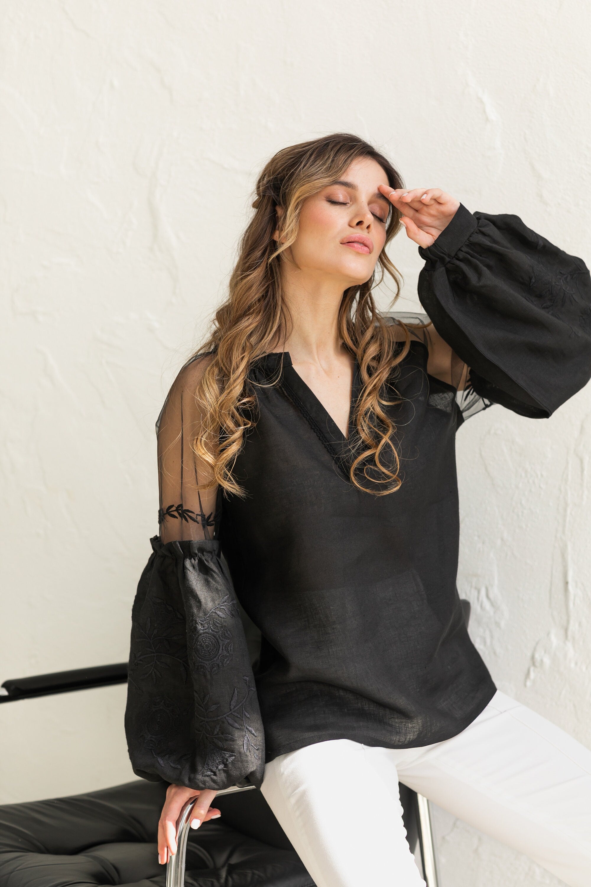 Black Ukrainian Embroidered Blouse - Bohemian Vyshyvanka Ethnic Shirt