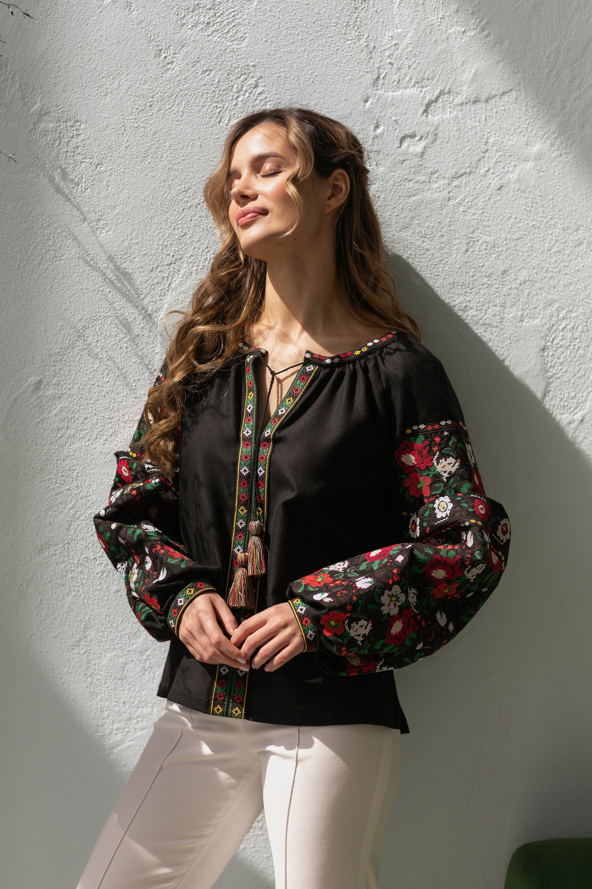 Black "Borshchivska" Embroidered Ukrainian Vyshyvanka Blouse - Women's Ethnic Floral Spring Top