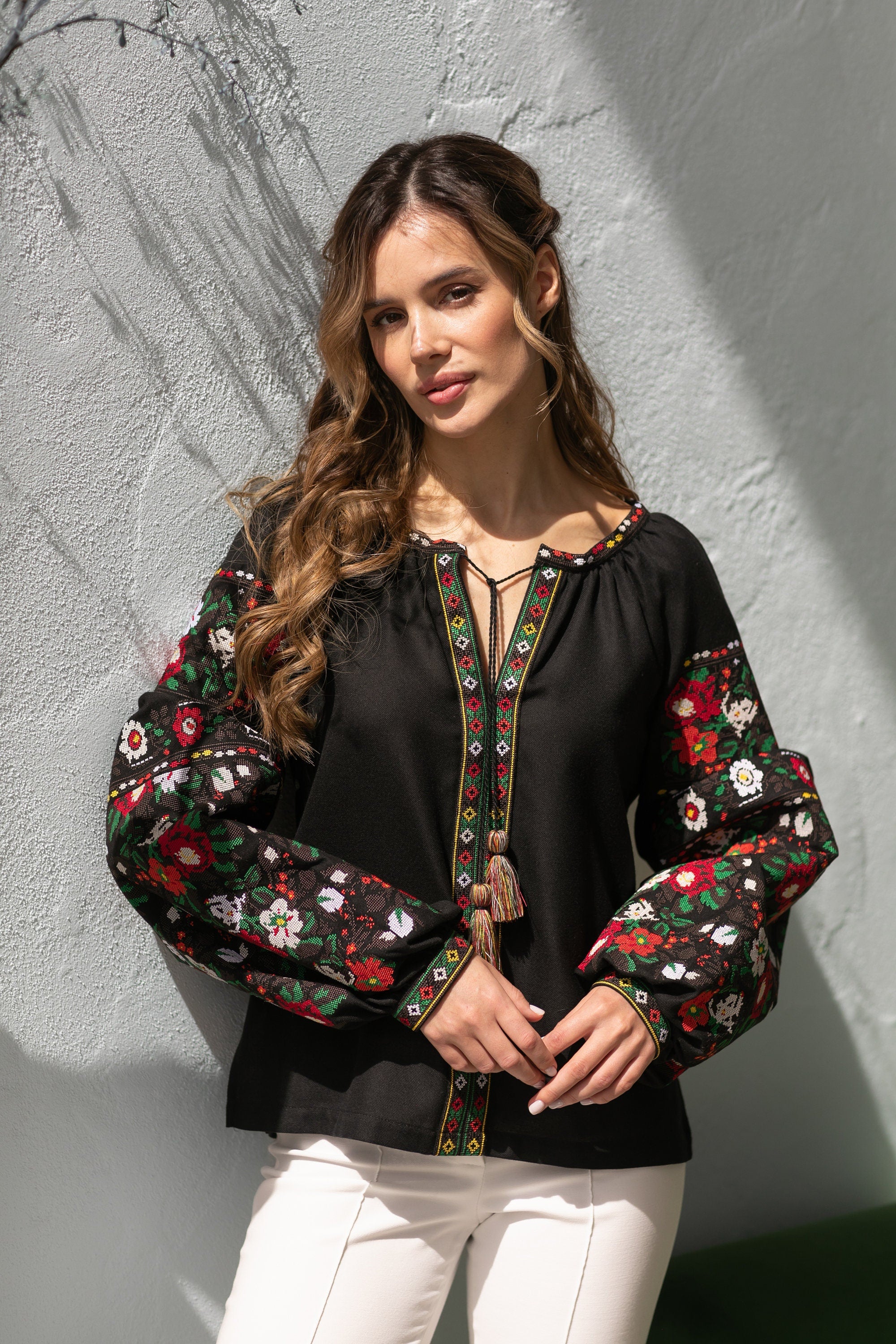 Black "Borshchivska" Embroidered Ukrainian Vyshyvanka Blouse - Women's Ethnic Floral Spring Top