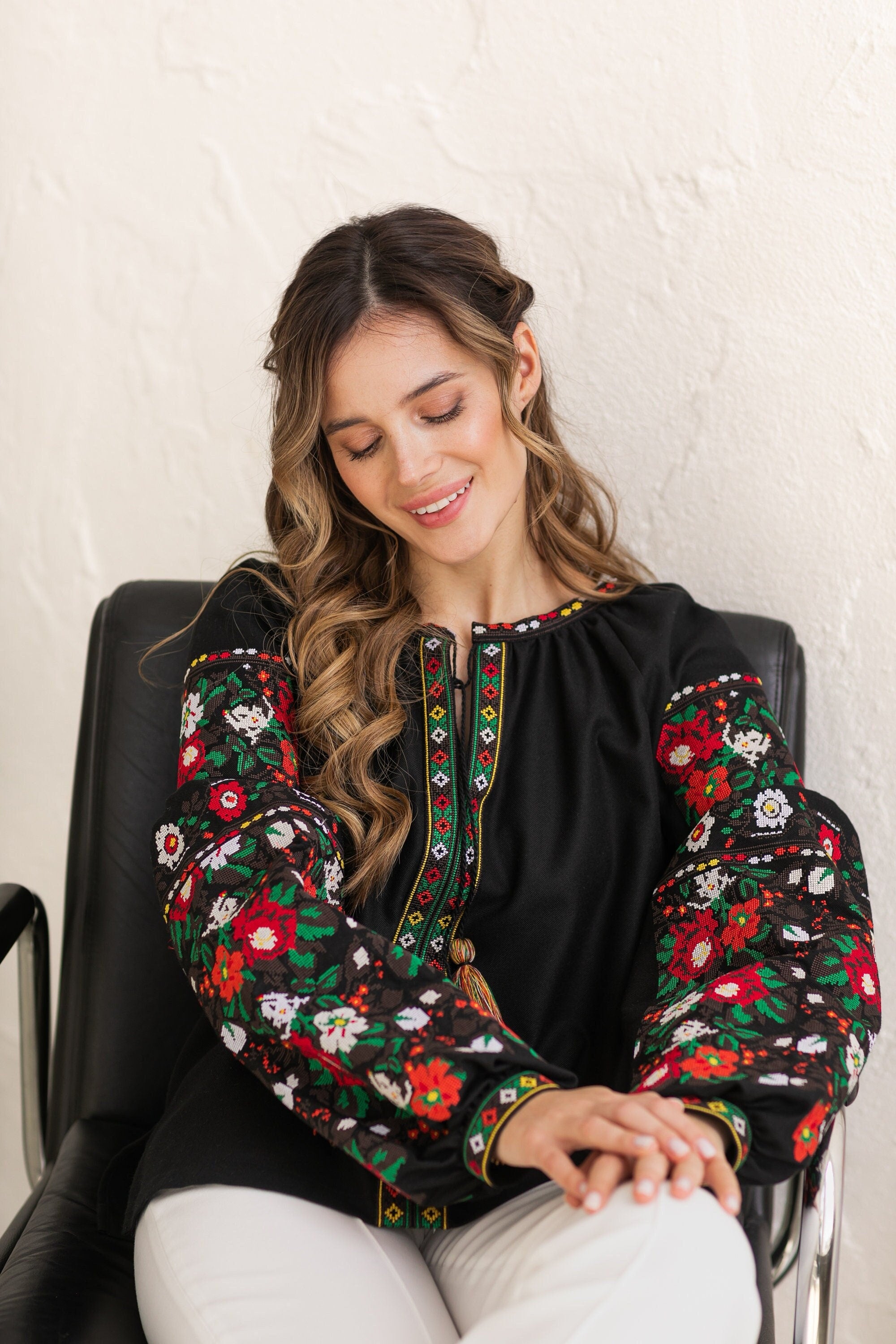 Black "Borshchivska" Embroidered Ukrainian Vyshyvanka Blouse - Women's Ethnic Floral Spring Top