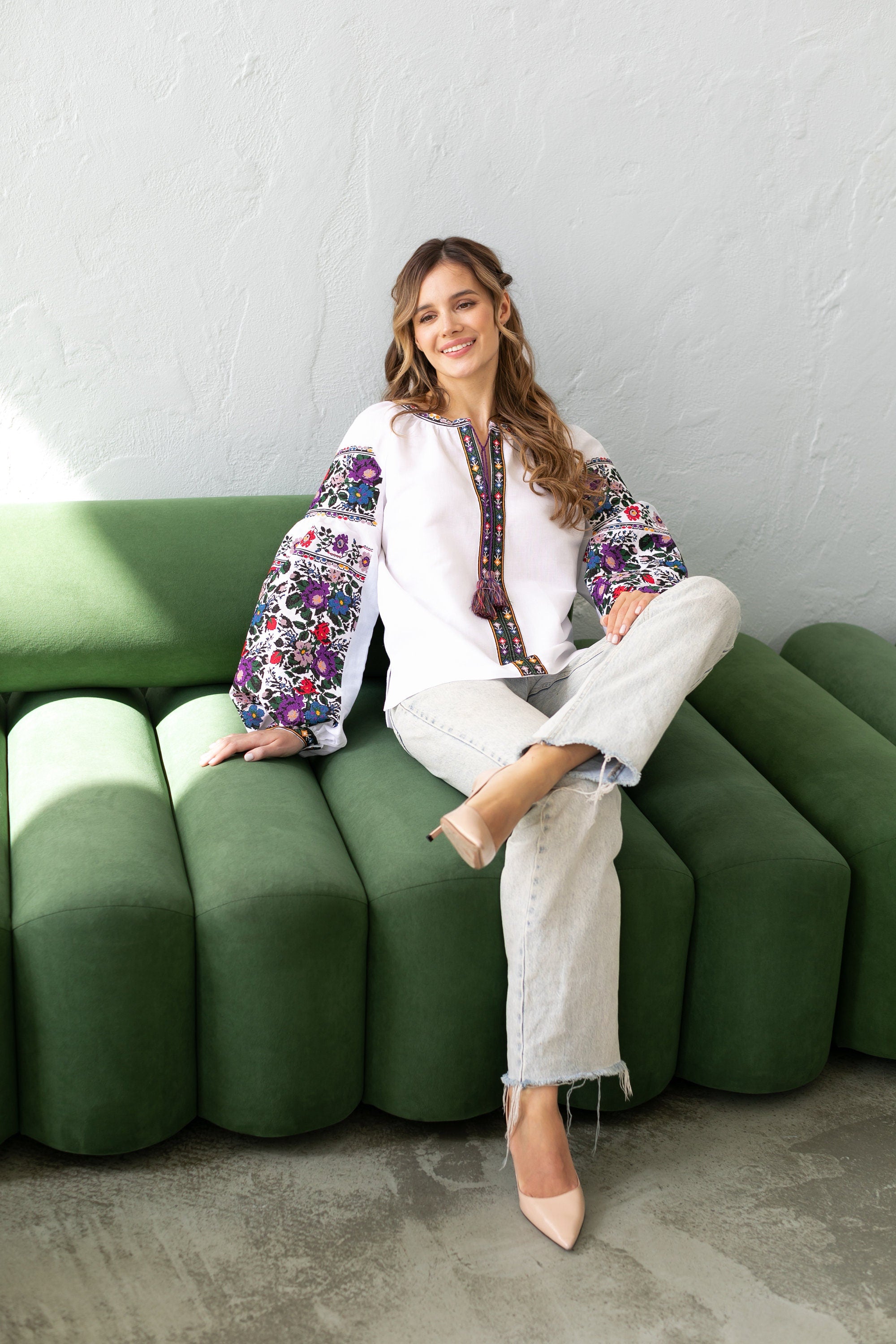 White Linen Ukrainian Vyshyvanka Blouse - Borshchiv Embroidered Shirt