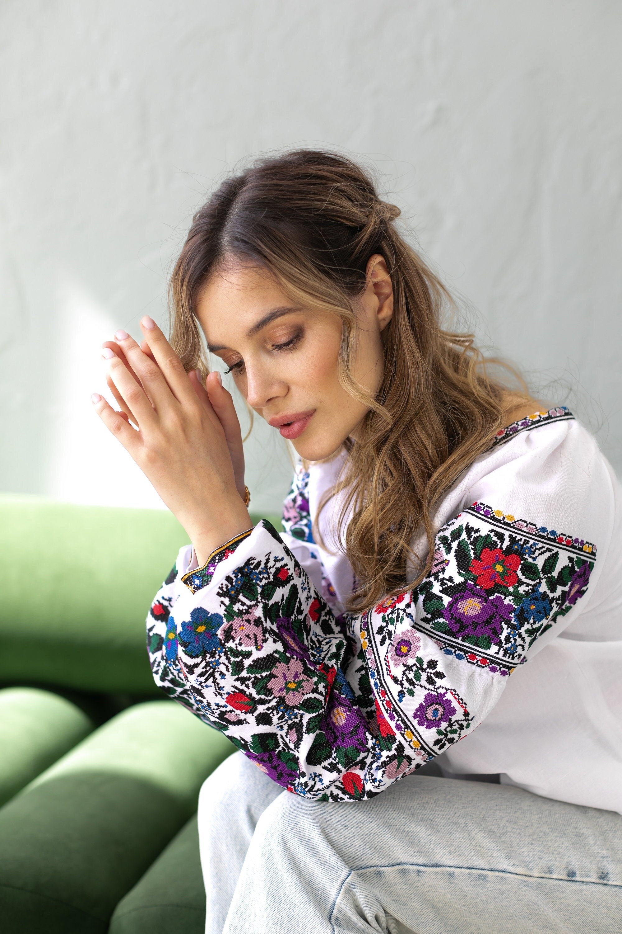 White Linen Ukrainian Vyshyvanka Blouse - Borshchiv Embroidered Shirt