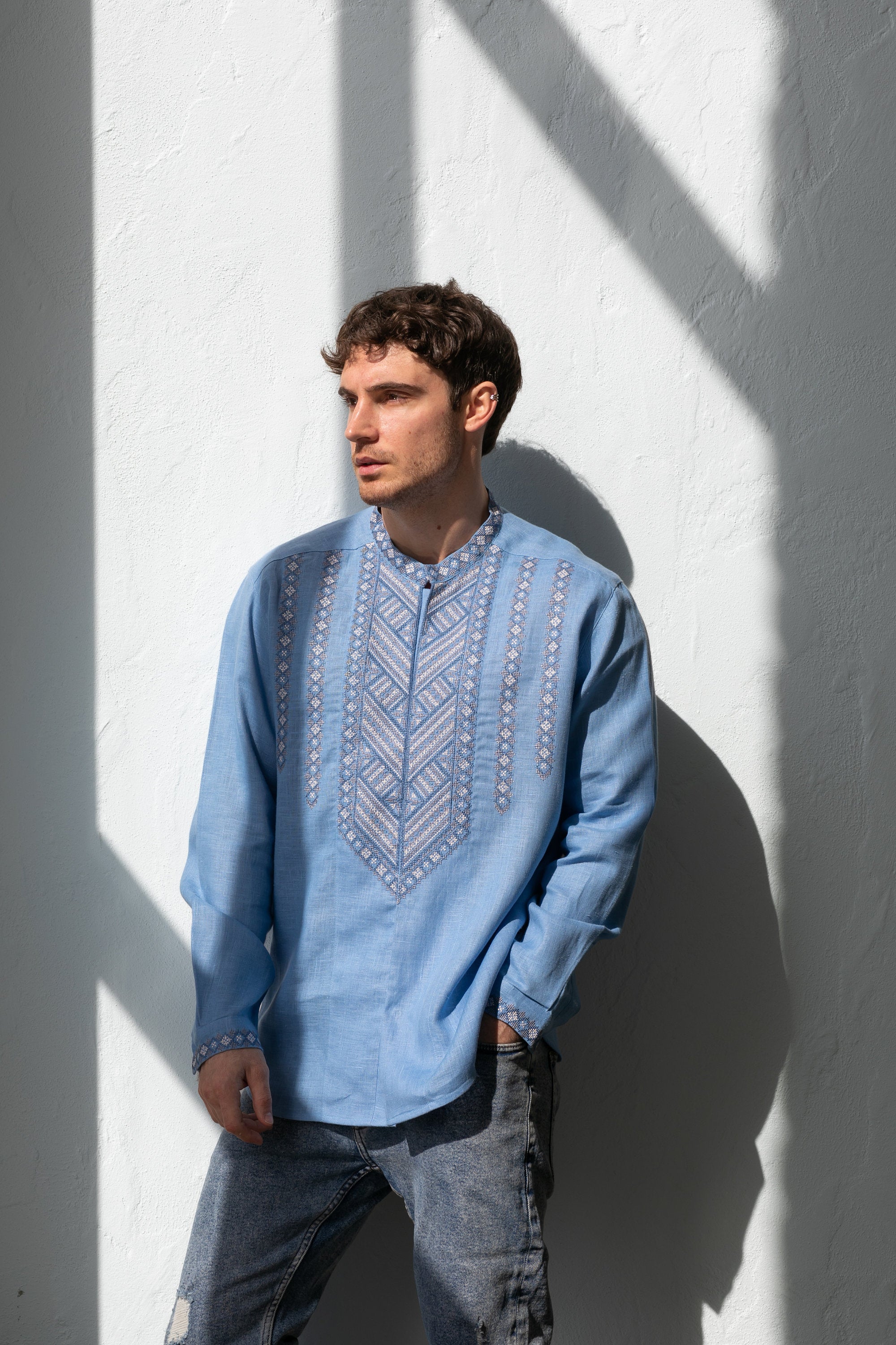 Blue Linen Embroidered shirt Ukrainian Vyshyvanka for Men Traditional Shirt