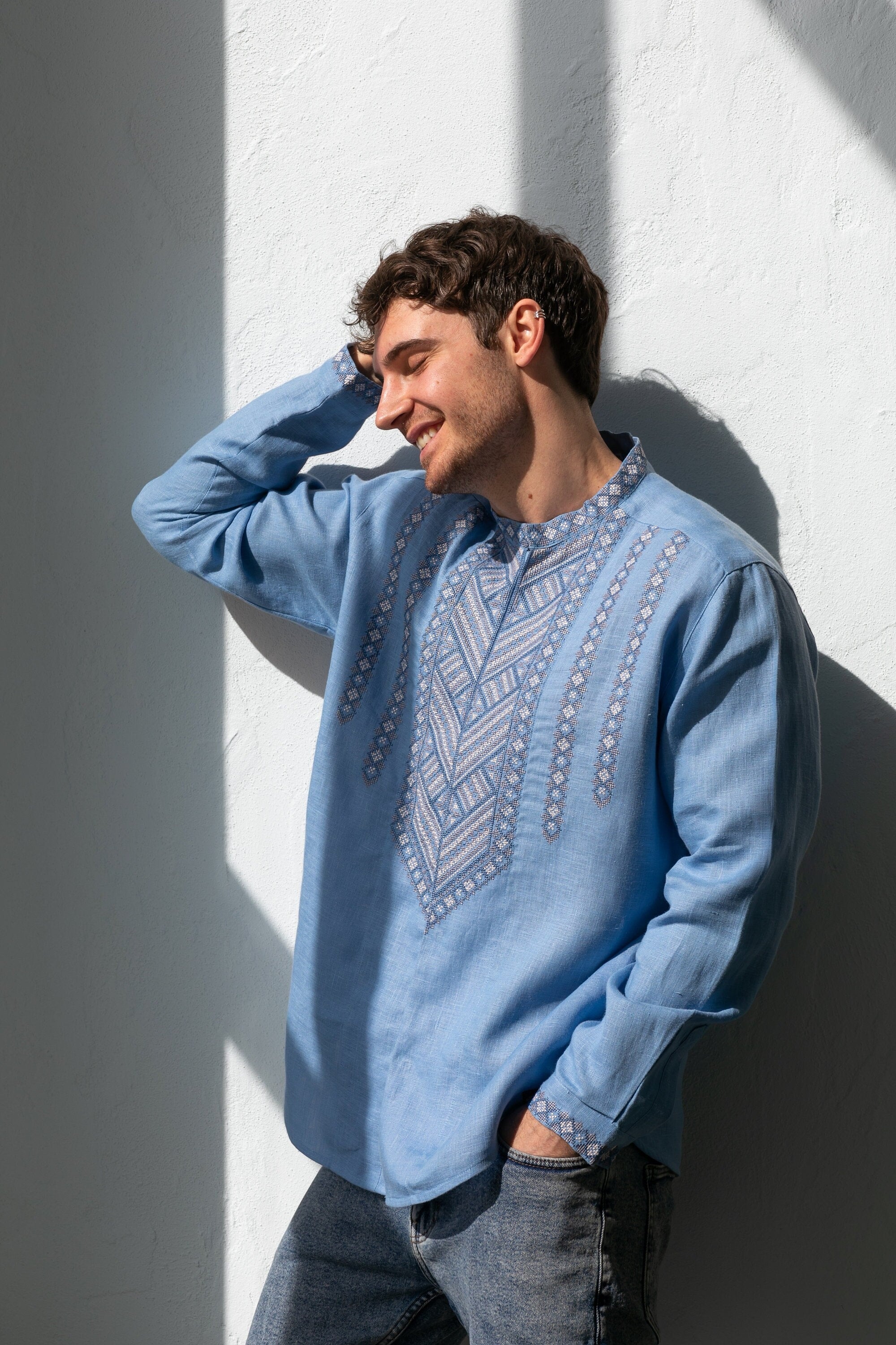 Blue Linen Embroidered Ukrainian Vyshyvanka for Men - Traditional Easter Shirt