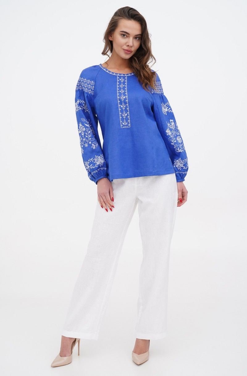 Blue Linen Vyshyvanka with White Embroidery - Women's Long Sleeve Shirt 2025