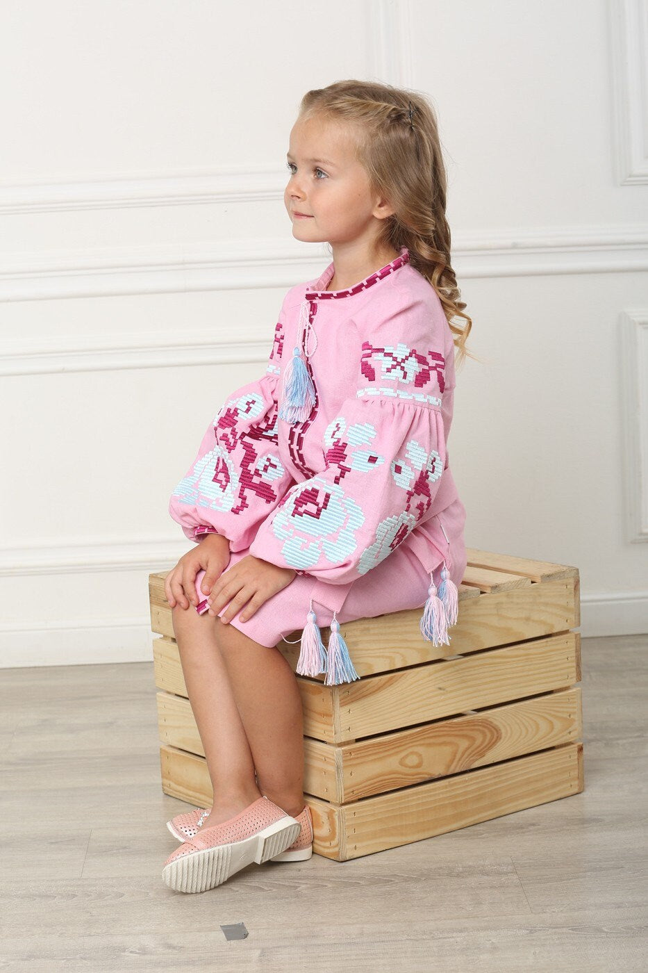 Pink Embroidered Vyshyvanka Linen Dress for Girls Traditional Ukrainian